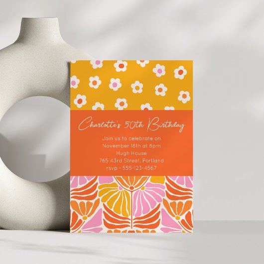 Invitation Colorful Retro Floral Orange 50e Anniversaire