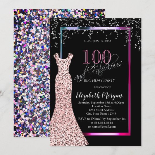 Invitation Colorful Sequins Rose Gold Dress 100th Birthday (Devant / Derrière)