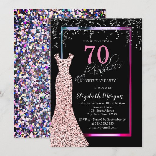 Invitation Colorful Sequins Rose Gold Dress 70th Birthday (Devant / Derrière)