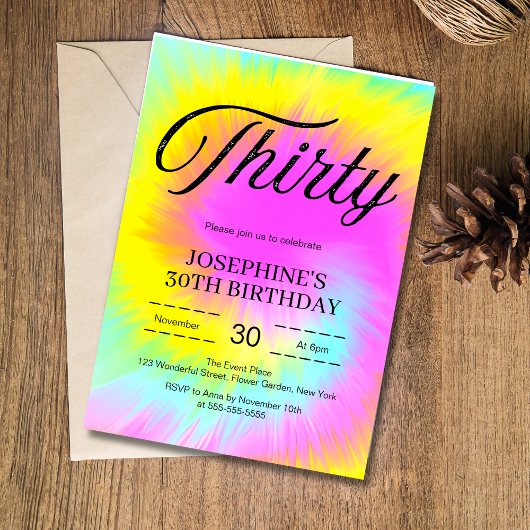 Invitation Colorful Tie Dye Pastel Boho 30e anniversaire
