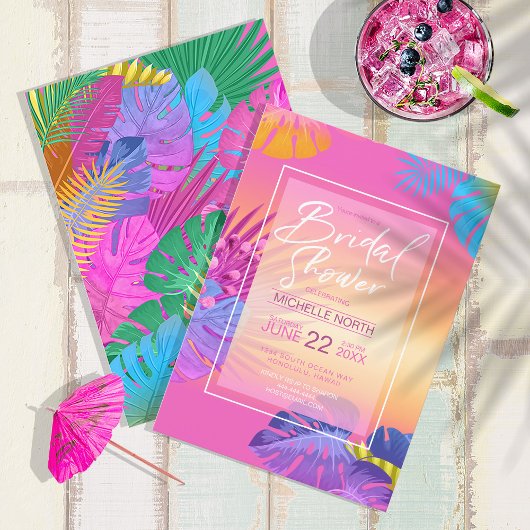 Invitation Colorful Tropical Leave Sunset Fête des mariées ID