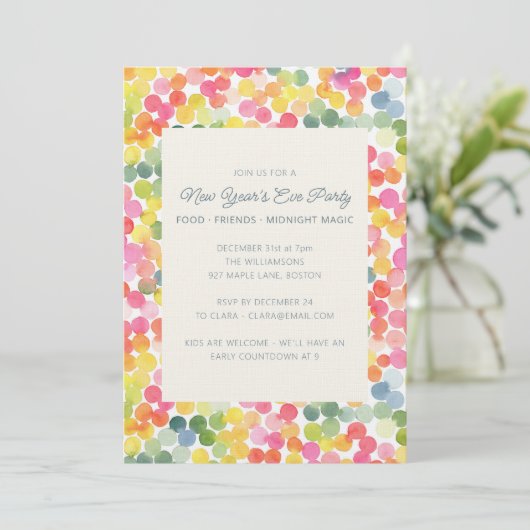 Invitation Colorful Watercolor Confetti Dots New Years Party (Debout devant)