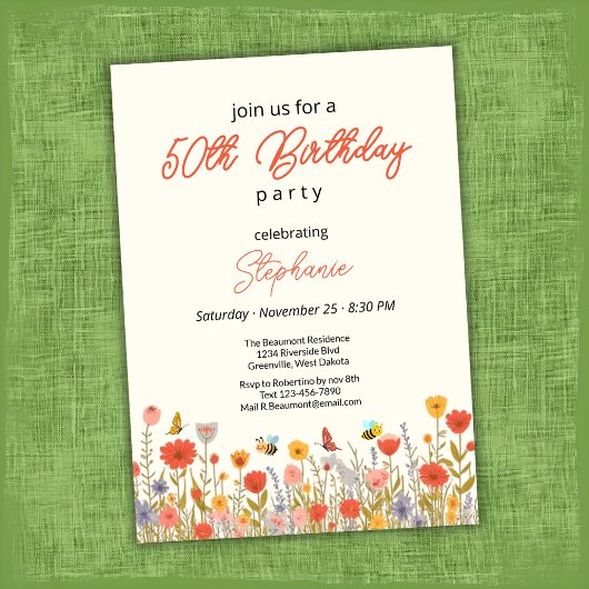 Invitation Colorful Wildflower Bee's 50th Birthday Party