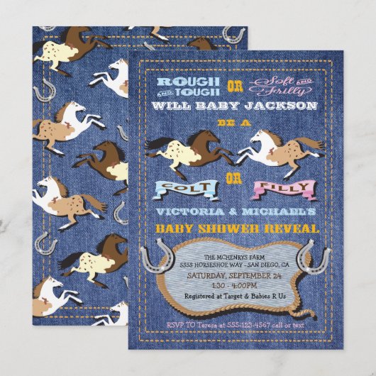 Invitation Colt occidental ou Baby shower de révélation de ge (Devant / Derrière)