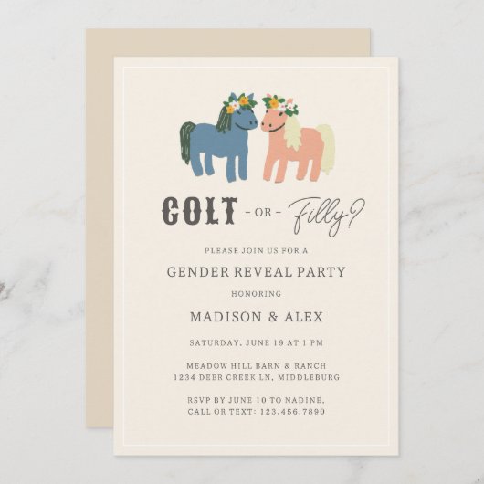 Invitation Colt or Filly Cute Horse Theme Gender Reveal Party (Devant / Derrière)