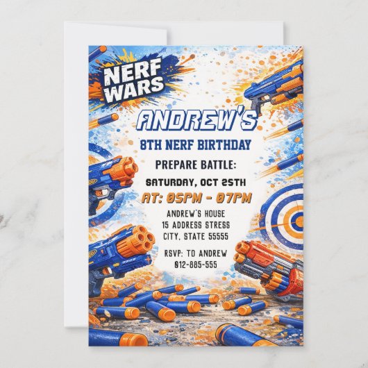 Invitation Combat d'anniversaire aux fléchettes Nerf pour enf (Devant)