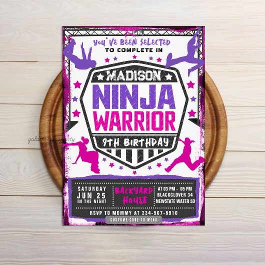Invitation Combattant Athlétique Ninja Rose Violet Fête d'Ann