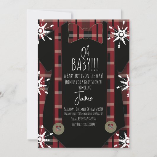 Invitation Combinaison bébé pour shower de Noël plaid (Devant)