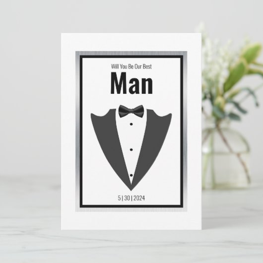 Invitation Combinaison Tuxedo et cravate arc en noir et blanc (Debout devant)