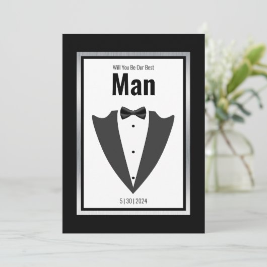 Invitation Combinaison Tuxedo et cravate arc en noir et blanc (Debout devant)