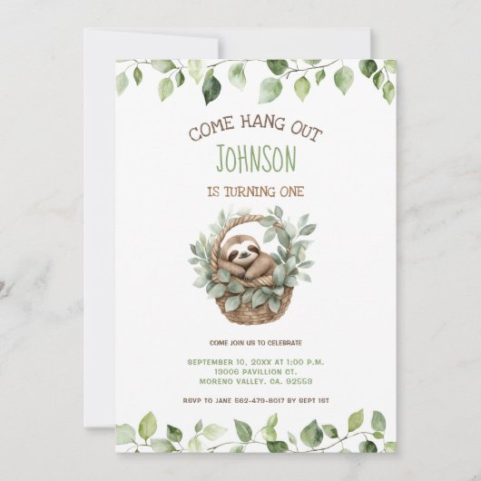 Invitation Come Hang Out Sloth Party Birthday  (Devant)