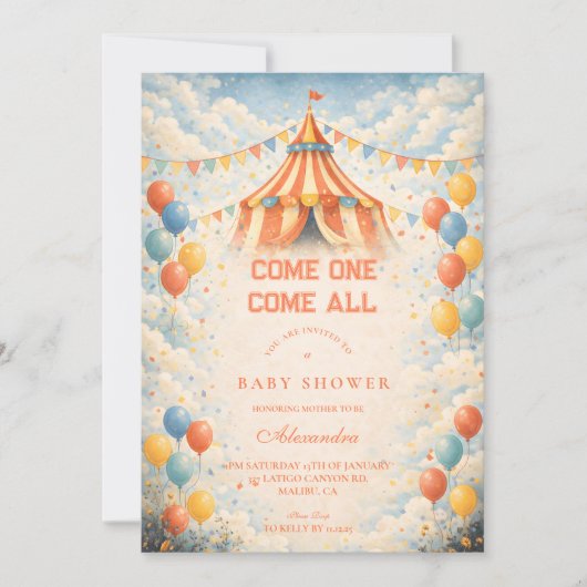 Invitation Come One Come All Circus Baby Shower (Devant)