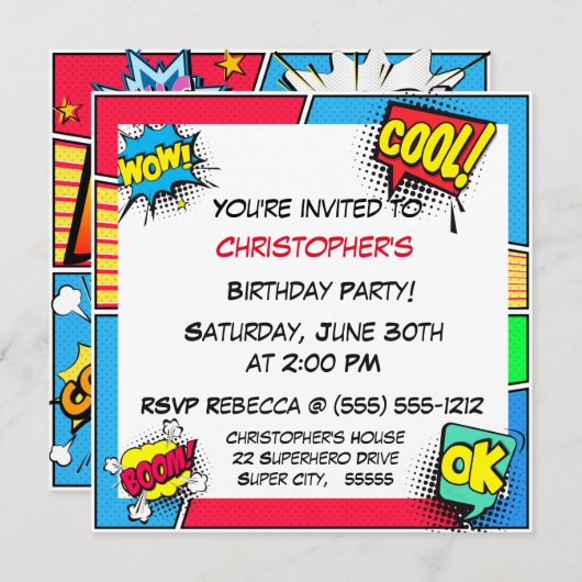 Invitation Comic Book Superhero Birthday Boy Custom (Devant / Derrière)
