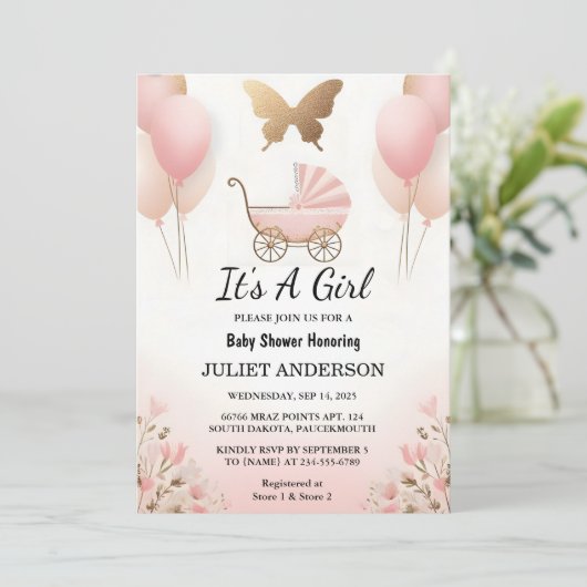 Invitation Comme Rose Boho Gold Maman Chic Printemps Baby Gir (Debout devant)