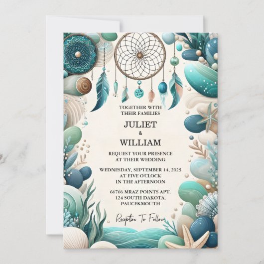 Invitation Comme Tribal Aqua Sand Work Mariage en verre de me (Devant)