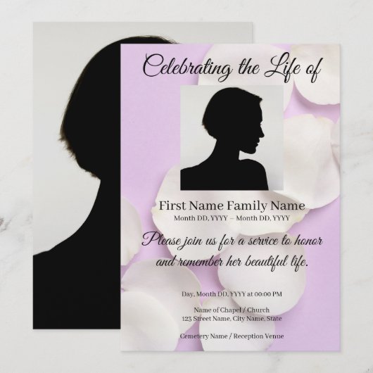 Invitation commémorative aux pétales de rose viole (Devant / Derrière)