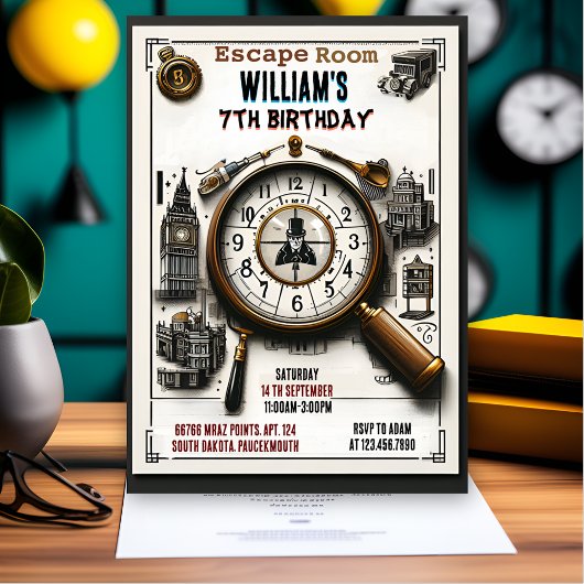 Invitation commencer Clue Spy Escape Room 7e anniversaire Inv