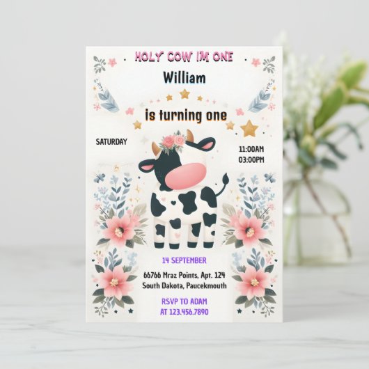 Invitation Commencer ferme mûre florale rose Saint-Vache 1er (Debout devant)