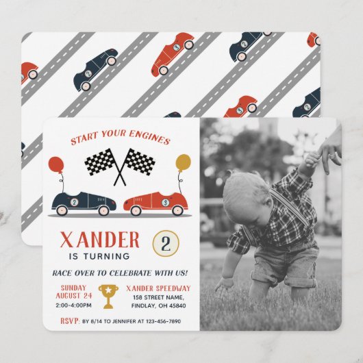 Invitation Commencer Vos Moteurs Course Voiture Anniversaire  (Devant / Derrière)