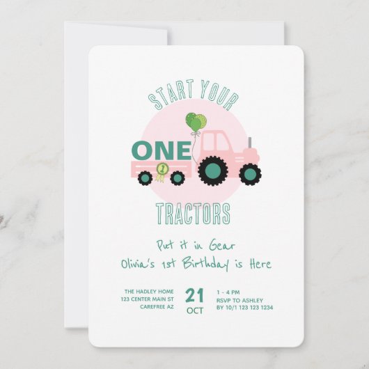 Invitation Commencer vos tracteurs rose 1er anniversaire (Devant)