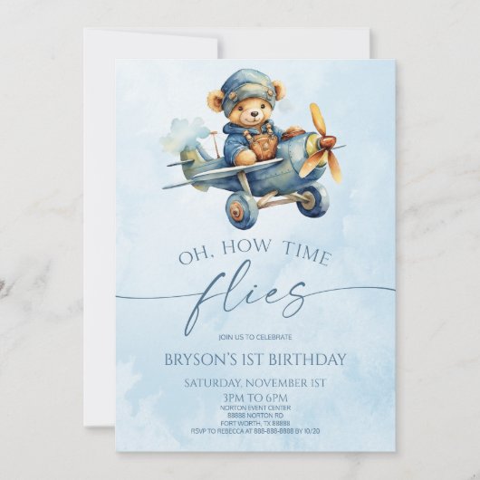 Invitation Comment le temps vole avion Teddy Bear fête d'anni (Devant)