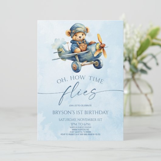 Invitation Comment le temps vole avion Teddy Bear fête d'anni (Debout devant)