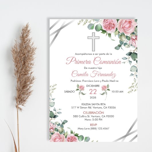 Invitation Commion Solennelle Aquarelle Roses Rose