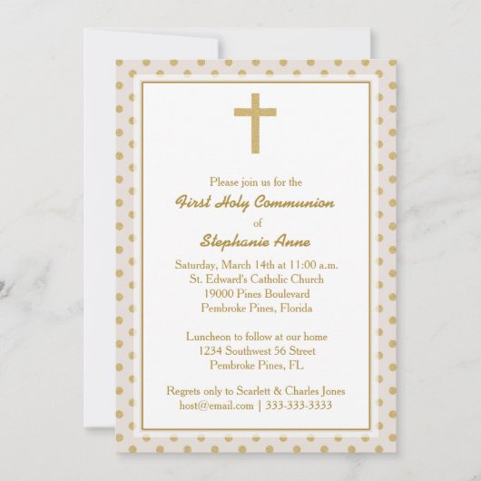 Invitation Communion beige avec Pois d'or (Devant)