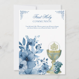 Invitation Communion Catholique Dusty Bleu Floral