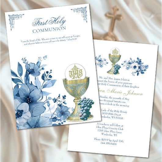 Invitation Communion Catholique Dusty Bleu Floral