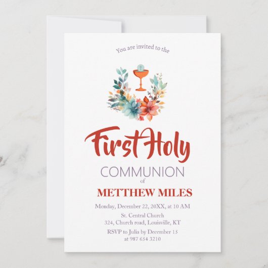 Invitation Communion catholique florale minimaliste (Devant)