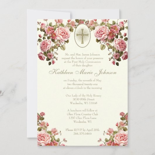 Invitation Communion catholique traditionnelle florale (Devant)