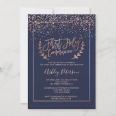 Invitation Communion chic rose de bleu marine de confettis (Devant)