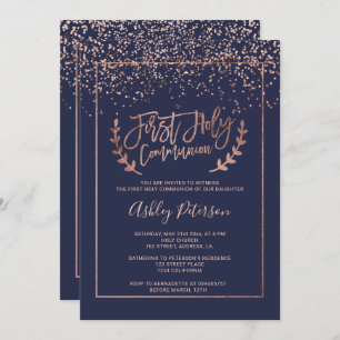 Invitation Communion chic rose de bleu marine de confettis