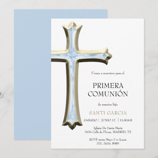 Invitation Communion Classy Or & Croix Bleue (Devant / Derrière)