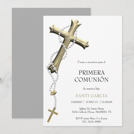 Invitation Communion Classy Or & Croix Bleue (Devant / Derrière)