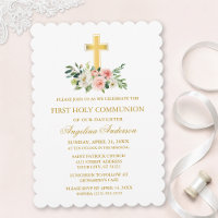 Communion croix dorée florale blanche rose aquarel