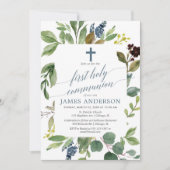 Invitation Communion de bleu poussiéreux vert de feuille de (Devant)