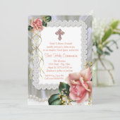 Invitation Communion de croix rose de perle de corail (Debout devant)