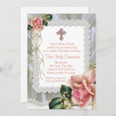 Invitation Communion de croix rose de perle de corail (Devant / Derrière)