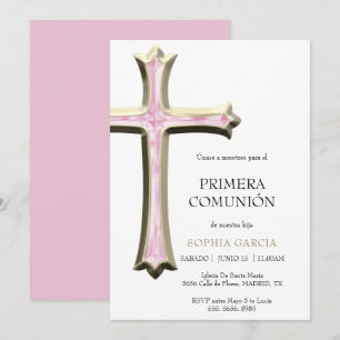 Invitation Communion élégante croix or et rose