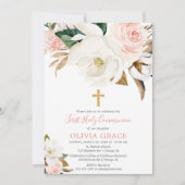 Invitation Communion fille rose rose blanc floral rustique (Devant)