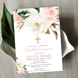 Invitation Communion fille rose rose blanc floral rustique