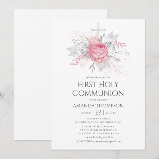 Invitation Communion florale argent et rose irisé (Devant / Derrière)