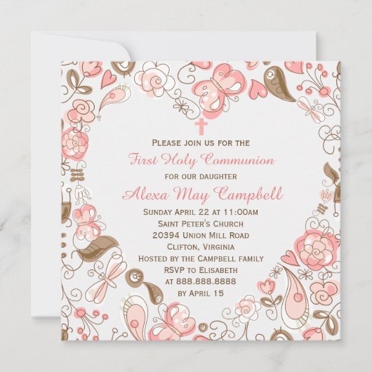 Invitation Communion florale du coeur rose de la fille (Devant)