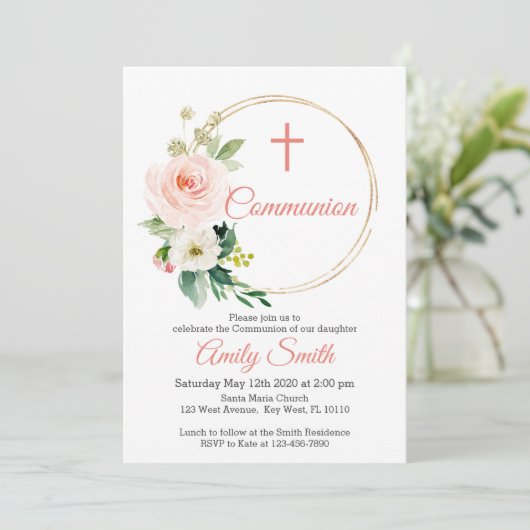 Invitation Communion florale rose (Debout devant)