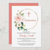 Invitation Communion florale rose (Devant / Derrière)