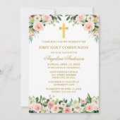 Invitation Communion Florale Rose Blanc Aquarelle Or (Devant)