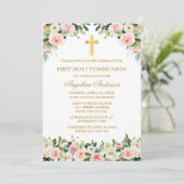 Invitation Communion Florale Rose Blanc Aquarelle Or (Debout devant)