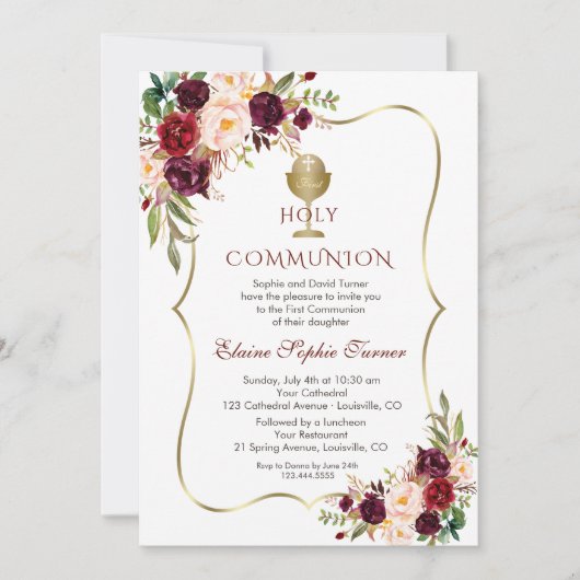 Invitation Communion florale rose de Bourgogne luxueuse (Devant)